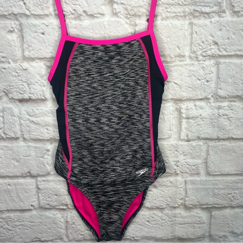 Speedo One Piece Black‎ White Pink Swimsuit size 8